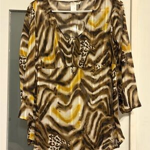 Brown and Tan Tie Front Blouse with Relaxed Fit